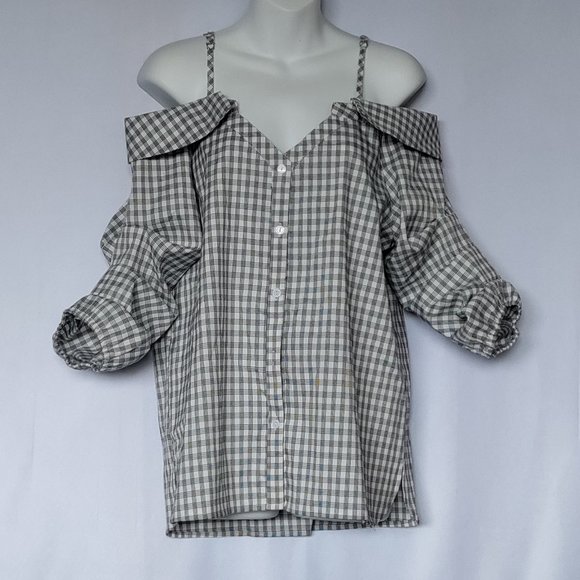 emory park Tops - Emory Park Top Blouse Off Shoulder Ruched Sleeves Button Front Size Medium Plaid
